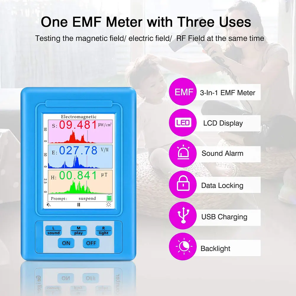 

Детектор электромагнитного поля излучения, удобный в переноске 3-в-1, ручной цифровой детектор ЭМС с ЖК-дисплеем, отображение данных и трендо...