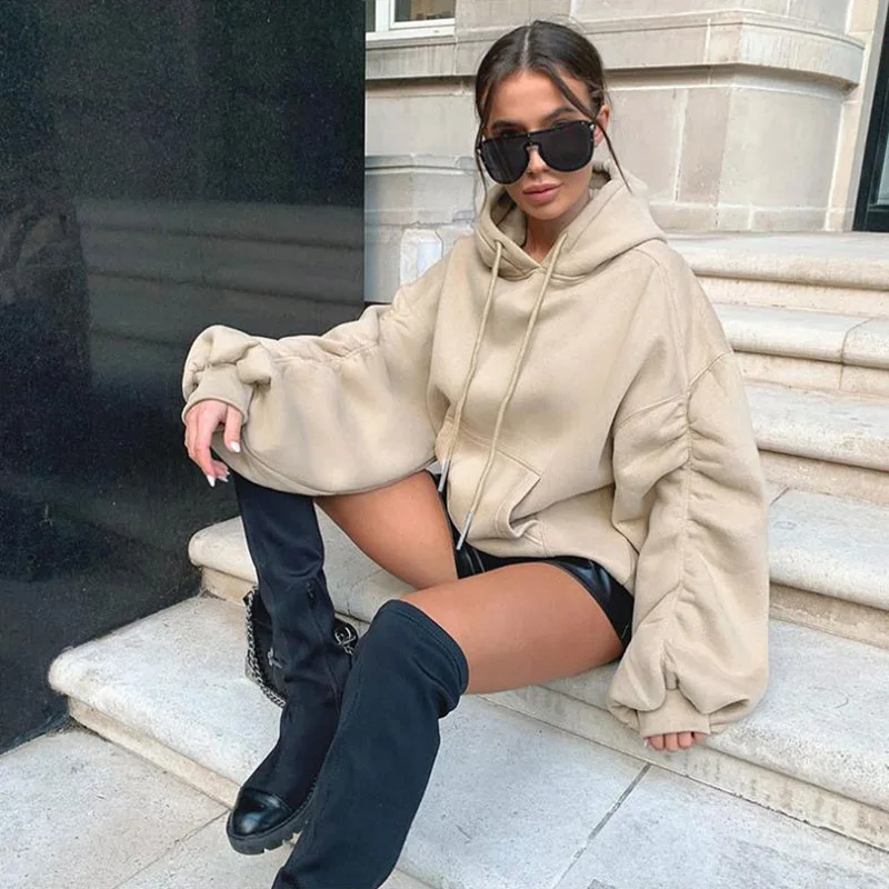 

Unaiza Women Casual Sweater Piled Sleeves Hooded Pullover Loose Solid Color Sweater 2021 New Fashion Long Sleeve Elegant Sweater