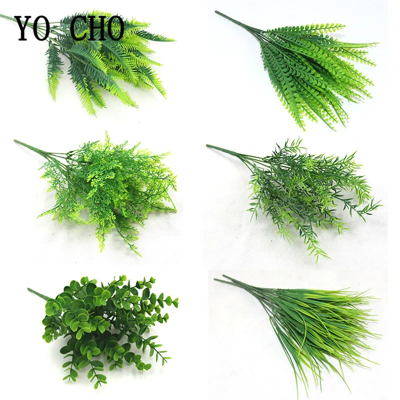 YO CHO Artificial Plants Plastic Twigs Green Grass Fake Plants Twigs Leaves Grass Flower Arrangement Wedding Party Home Decor