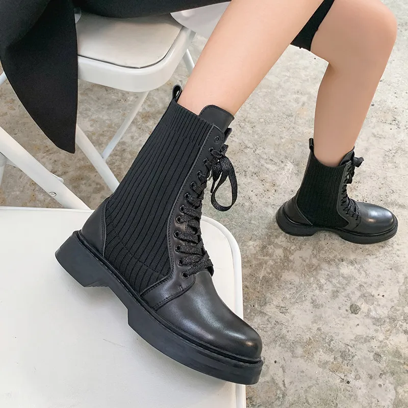 

TOTOMELA 2020 top quality genuine leather +knitting stretch casual shoes women boots comfortable flat ankle boots woman