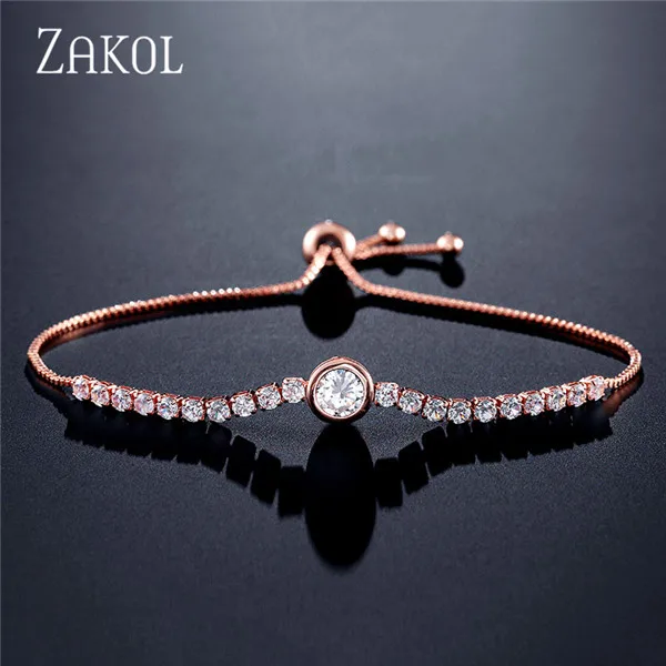 Rose Gold Color Новинка, Круглый браслет с кубическим цирконием для тенниса, браслеты для женщин, женские свадебные украшения, FSBP2139 - Окраска металла: Rose Gold Color