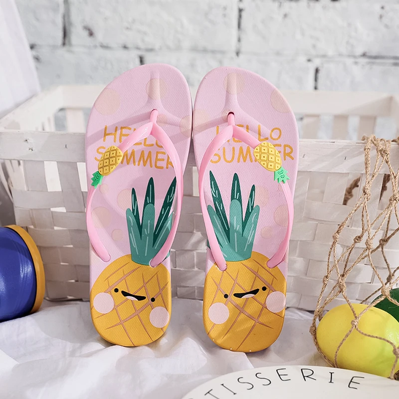 

Summer Women Beach Vacation Slippers Cartoon Pineapple Strawberry Printed Girls Flip Flops Fashion Women's Sandals 2021