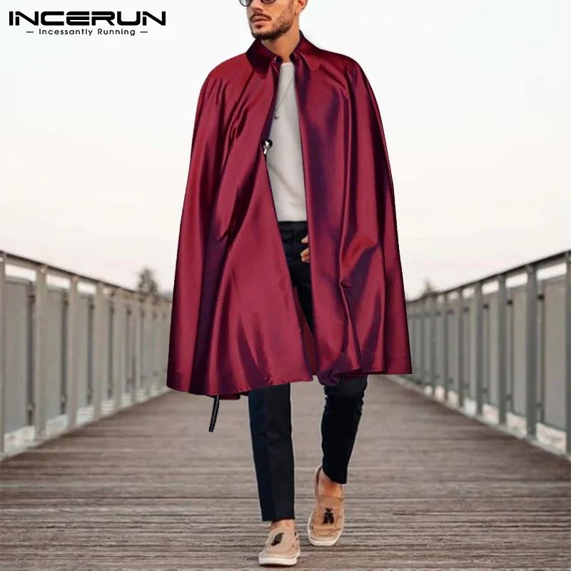 

Men Cloak Streetwear Autumn Solid Color Lapel Long Sleeve Button Trench 2021 Men Coats Loose Shiny Casual Ponchos S-5XL INCERUN