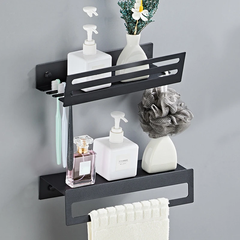 

Bathroom Shelf Wall-mounted Towel Rack Space Aluminum Kitchen Storage Stand Non-Drilling Organizer Shelf