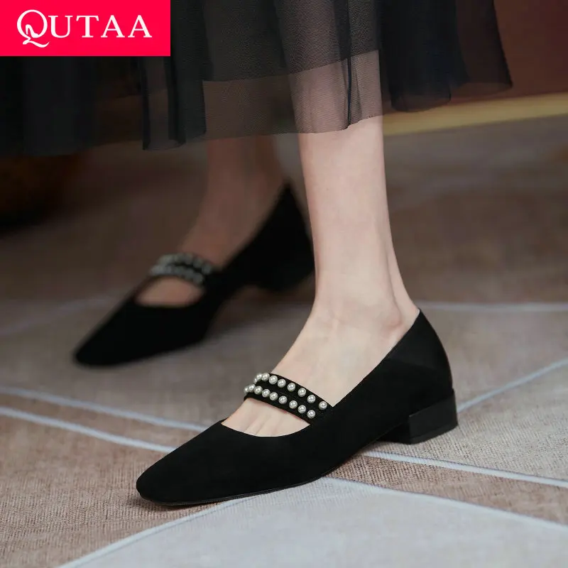 

QUTAA/2021 г. Классические женские туфли-лодочки с квадратным носком в стиле ретро Дамская обувь без шнуровки из коровьей кожи летние туфли на ни...