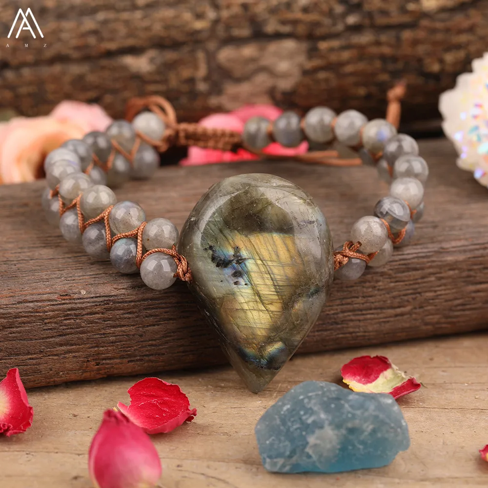 

Natural Flash Labradorite Stone Water Drop Beads Knotted Braided Bracelet Women Round Stone Bead Elastic String Bracelet Jewelry