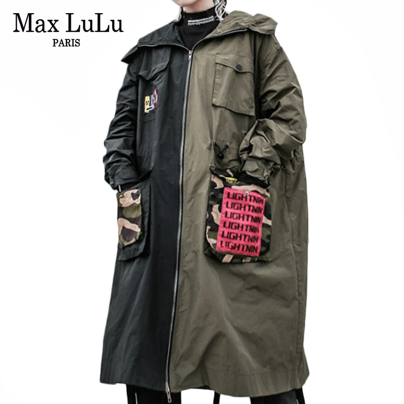 Max LuLu Мода корейский стиль дамы осень панк уличная Женская Лоскутная Винтажная с капюшоном Тренч длинное пальто с принтом ветровка