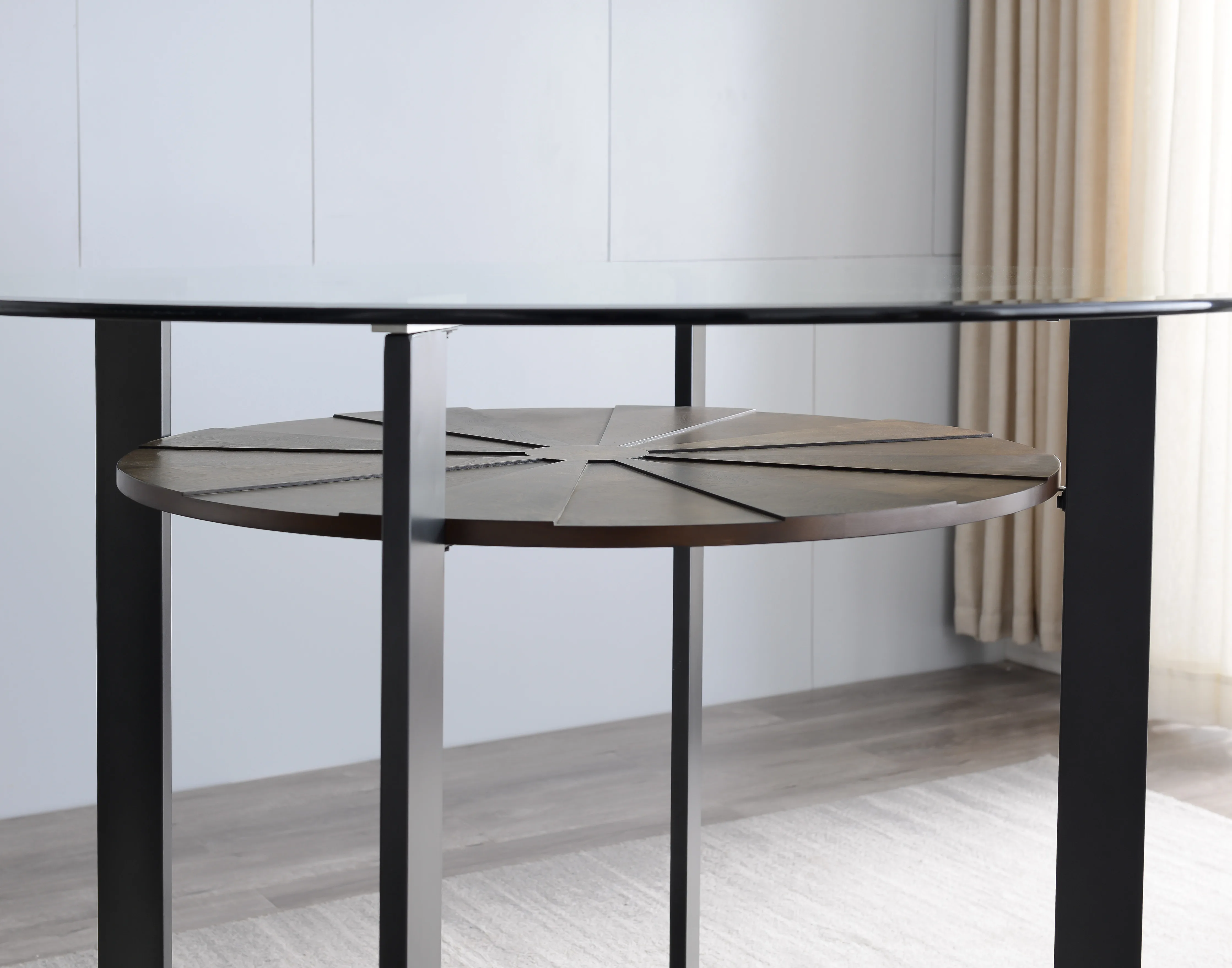 

Fixed crystal clear round black solid wood modern minimalist small apartment living room family party glass dining table