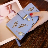 new 2021 women pu leather zipper hasp wallet fashion brand female hollow out leaf purse coin pouch cards holder long wallets