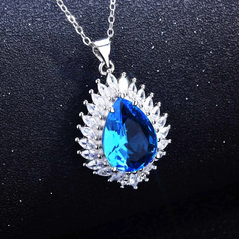 

Europe America Luxury Jewelry Water Drop Blue Cubic Zircon Flame Pendant Necklace For Women Wedding Engagement