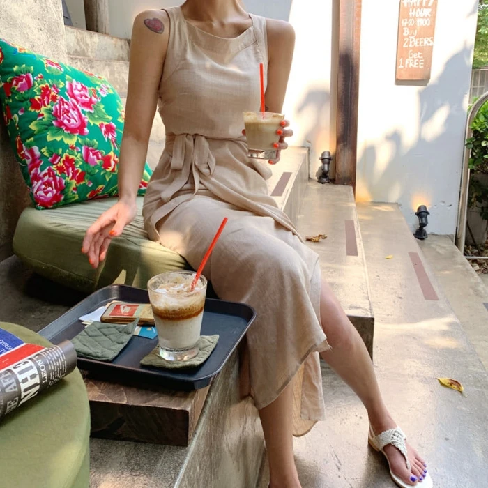 

Korean Style Chic French Style Retro Aloofness Style One-Piece Lace-up Waist Long Slit Sleeveless Suspender Dress