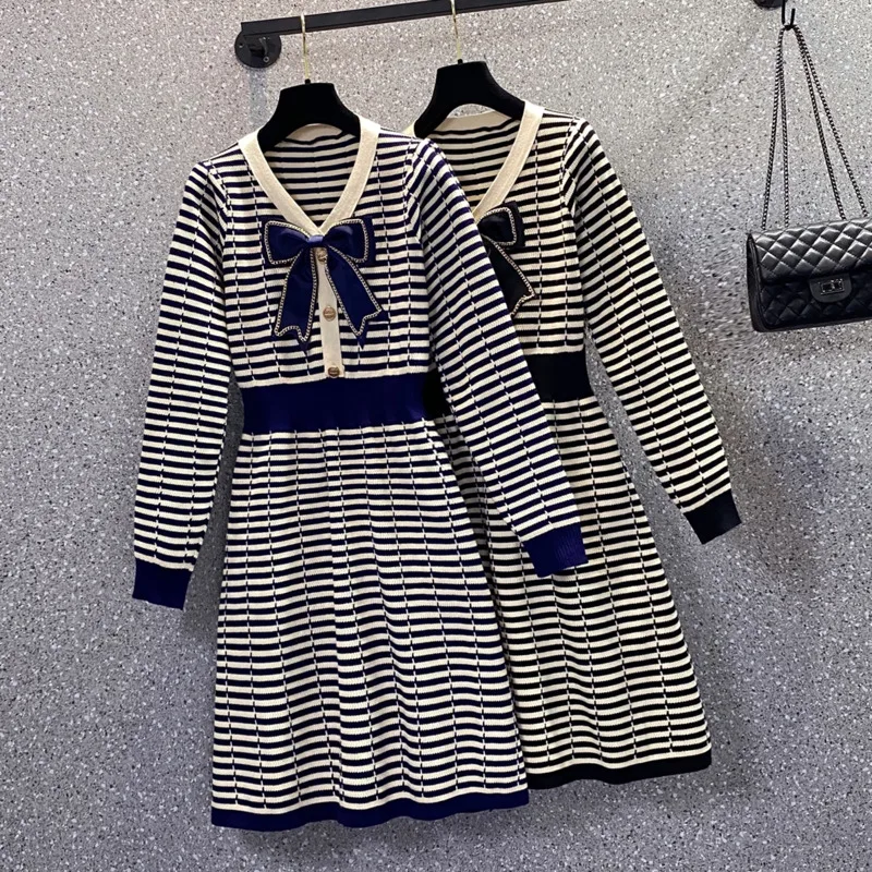 

Fall Winter Knitted Sweater Dress Bow Stripe Buttons Vintage Party Mini Dress Women Korean Fashion Casual Elegant Chic Vestidos