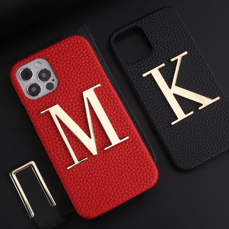 

Luxury Personalise Custom Initials Name A-Z Phone Case For iPhone 14 14ProMax 14Plus 13Promax Pebble Leather Metal Letter Funda