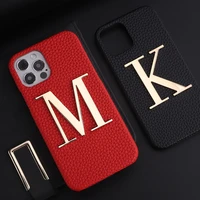 luxury personalise custom initials name a z phone case for iphone 11 12 13pro max xr xs 7 8p pebble leather metal letter funda