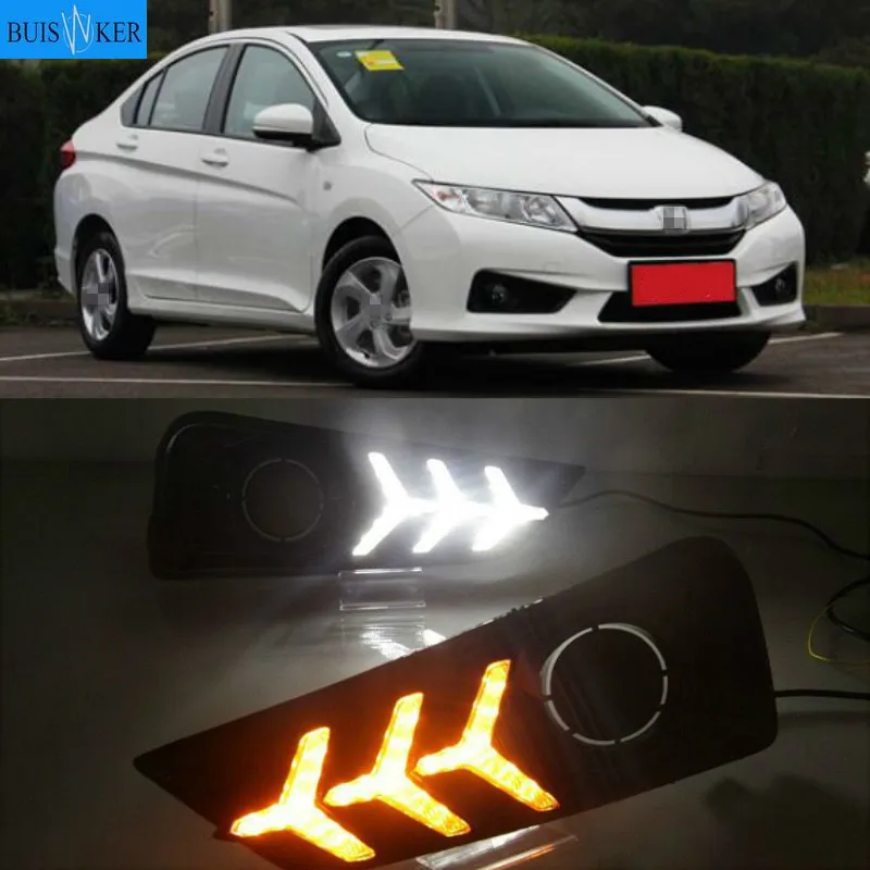 2 шт. светодиодные дневные ходовые огни светильник для Honda City Grace 2015 2016 2017 желтый указатель поворота реле Водонепроницаемый 12V DRL Противотуманные лампы