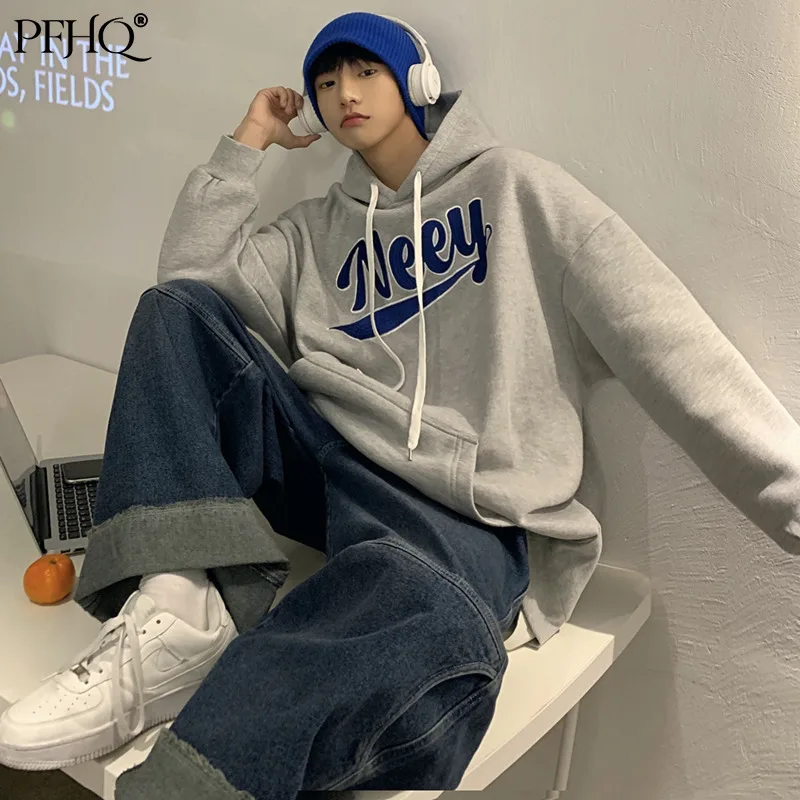 

PFHQ 2021 New Fashion Hoodies Autumn Winter Letter Embroidery Hong Kong Style Trendy Hooded Plus Velvet Casual Sweater 21A278