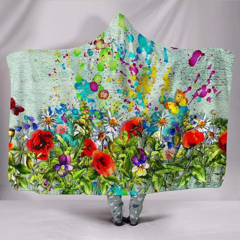 

Floral Blanket, Multi Colored, Vegan Blanket, Hooded Blanket, With Hood, Hippie, Custom Made Quilt, Colorful Throw, Festival