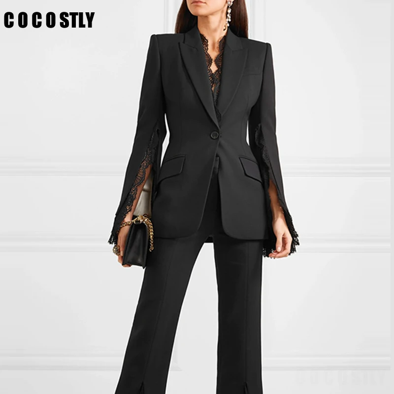 

Женский Повседневный блейзер с накидкой, элегантный белый или черный блейзер с длинным рукавом и разрезом, с кружевной строчкой