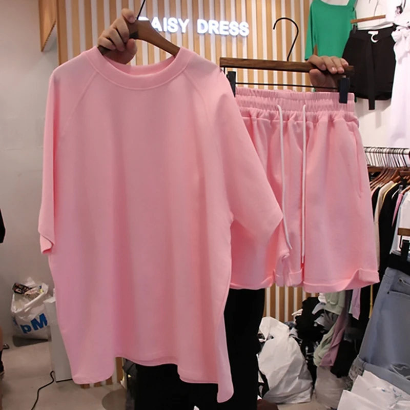 

Korean Raglan Sleeves Oversize Women 2-piece Suit O Neck Flanging Shorts Elastic Female Streetwear Summer Ladies Casual Sets