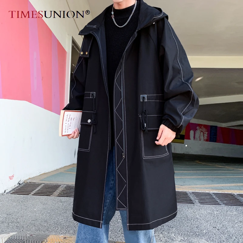 

Spring/Autumn Windbreaker Men's Jacket Hooded Medium Long Trench Coat Men High Quality Man jacket Hip Hop Male Clothing