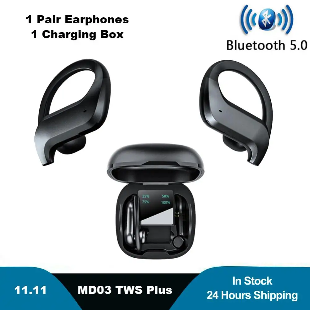 

Md03 Led Display Wireless Bluetooth 5.0 Business Earphone Waterproof Tws Plus Earbuds Power Digital Display Hanging Ear