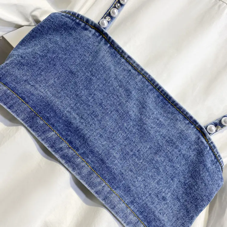 

2021 Spring Summer Women Two Pieces Single Breasted Denim Vest and Dress Chic White Dress Korean Sweet Elegant Lady Dress