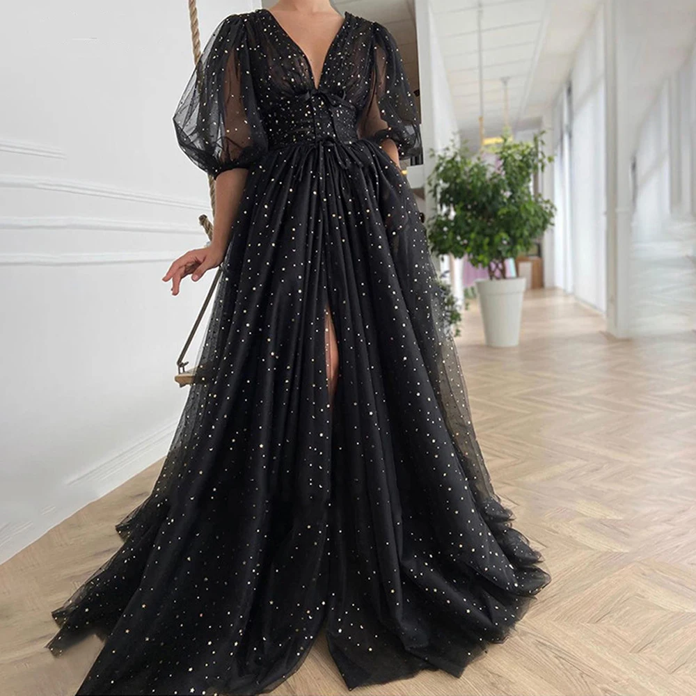 

2021 Elegant Sexy V-Neck Half Puff Sleeves Ruched Wedding Party Dresses Black Starry Tulle Slits Long A-Line Prom Dresses