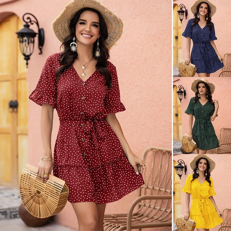 

Women Summer Beach Dress Casual Short Sleeve Polka Dot Dress Boho Mini Party Dress V Neck Sundress