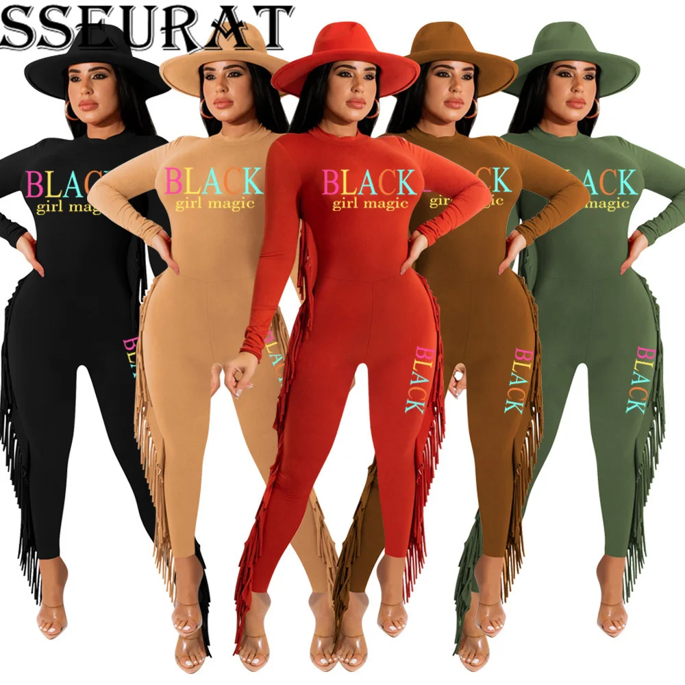 

SSEURAT Women's Jumpsuit Letter Print Two-Sided Tassels Ladies Jumpsuit Winter Female Playsuits