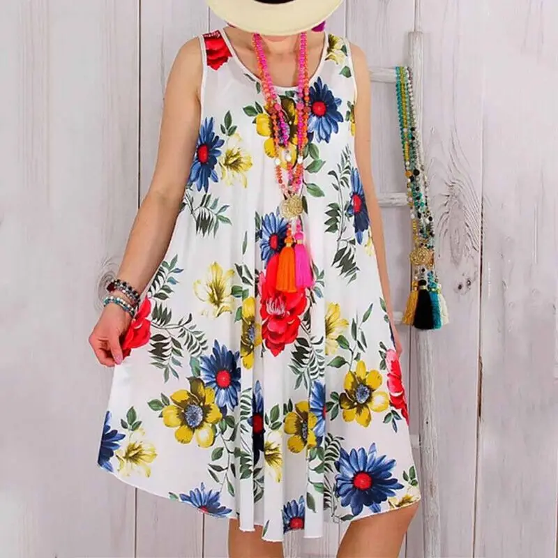 

Women Sleeveless Floral Print Summer Beach Swing Loose Vest Dress Plus Size