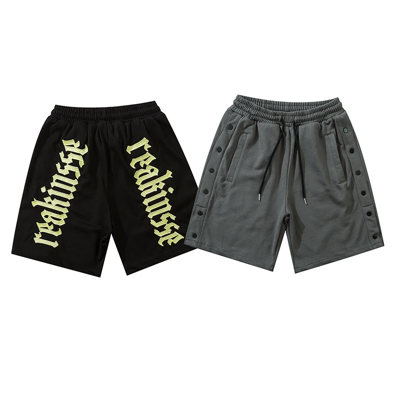 

Hip Hop Letter Embroidery Side Button Summer Couple Short Oversize Drawstring Cotton Five Point Pants Loose Casual Mens Shorts
