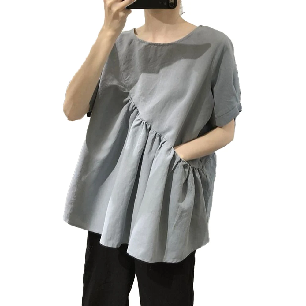 

2021 Summer New Japanese Style Cotton Linen Blouse Solid Color Simplicity Folds Japanese Style Loose Round Neck Short Sleeve Top