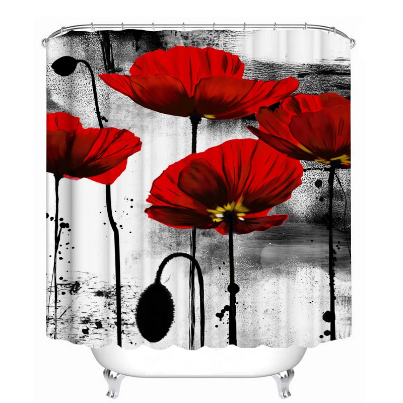 Red Flowers Pattern Fabric Shower Curtains Bathroom Curtain Set Non-Slip Rugs Toilet Lid Cover Mat Carpet Sets Home Decor | Дом и сад