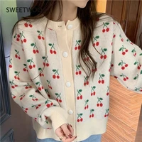 cherry jacquard college style sweater 2021 new female spring and autumn loose korean long sleeved knitted cardigan jacket