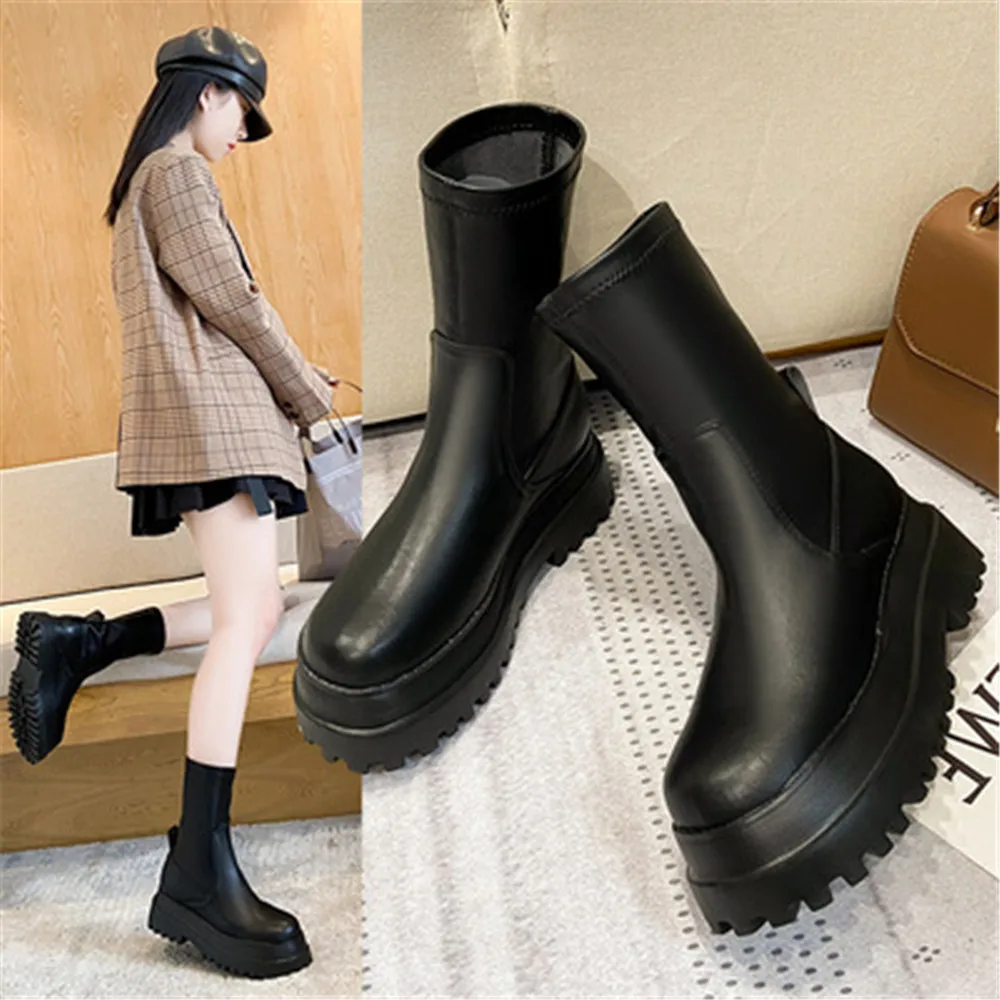 

Women's Leather Fashion Chelsea Boots Thick-Soled Non-Slip Booties Ladies Round Toe Short Tube Casual Shoes Botas De Mujer Black