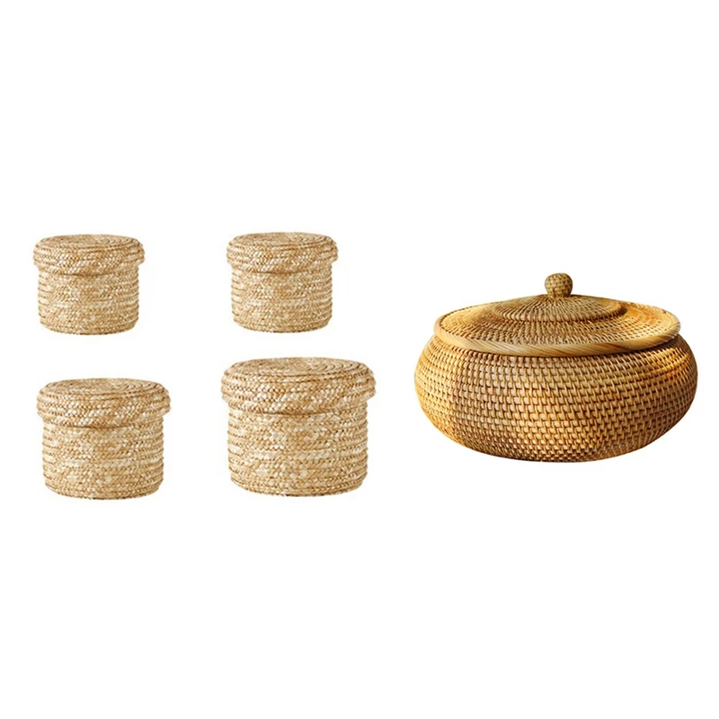 

2 Set Woven Storage Basket With Lid,Handmade Straw Snack Organizer Storage Box, A & B