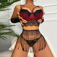 lace sensual lingerie woman sexy tassels thongs garters with gloves intimate underwear 5 piece bra set exotic accessories porn