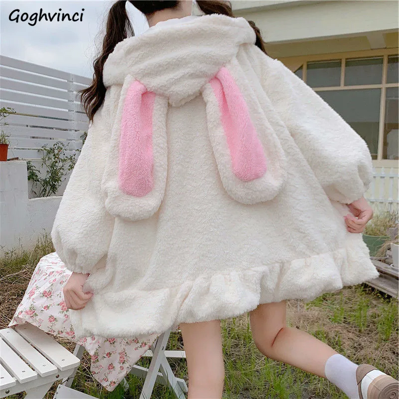 

Rabbit Ears Lolita Cute Sweet Girls Harajuku Style Warm Baggy Hoodies Women Large Size Solid Zip-up Long Lantern Sleeve Hooded