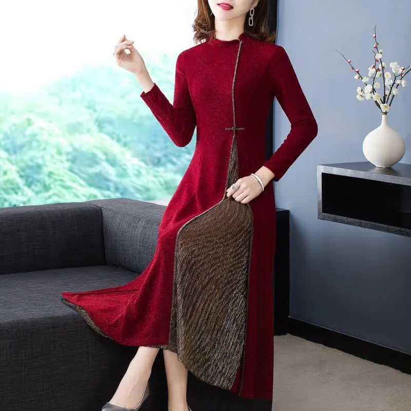 

Spring Fall Vintage Chinese Style Women Stand Collar Wine Red Black with Golden Glitter Long Qipao Dress , 4xl Cheongsam Dresses