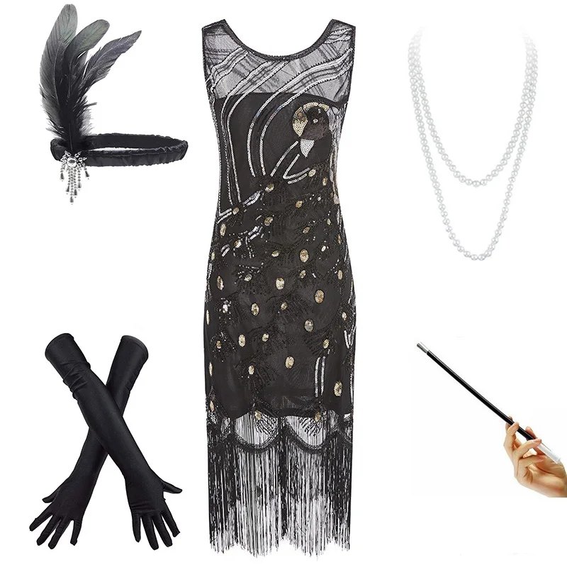 Black set 1920s винтажное платье с павлином и блестками, с бахромой, вечерние, Украшенные бусинами, платье Грейт Гэтсби/комплект аксессуаров(S-XXXL - Цвет: Black set