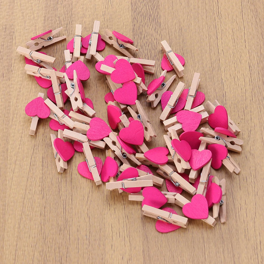 

100Pcs Decorative Paper Clips Colorful Wooden Craft Clamp Love Shaped Photo Holder for Home Party(Purple)