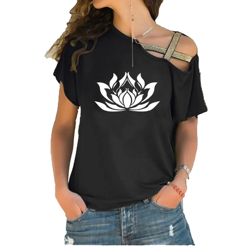 

Lotus Blossom Print Woment shirt New Summer Cotton Short sleeve Woman Irregular Skew Cross Tops
