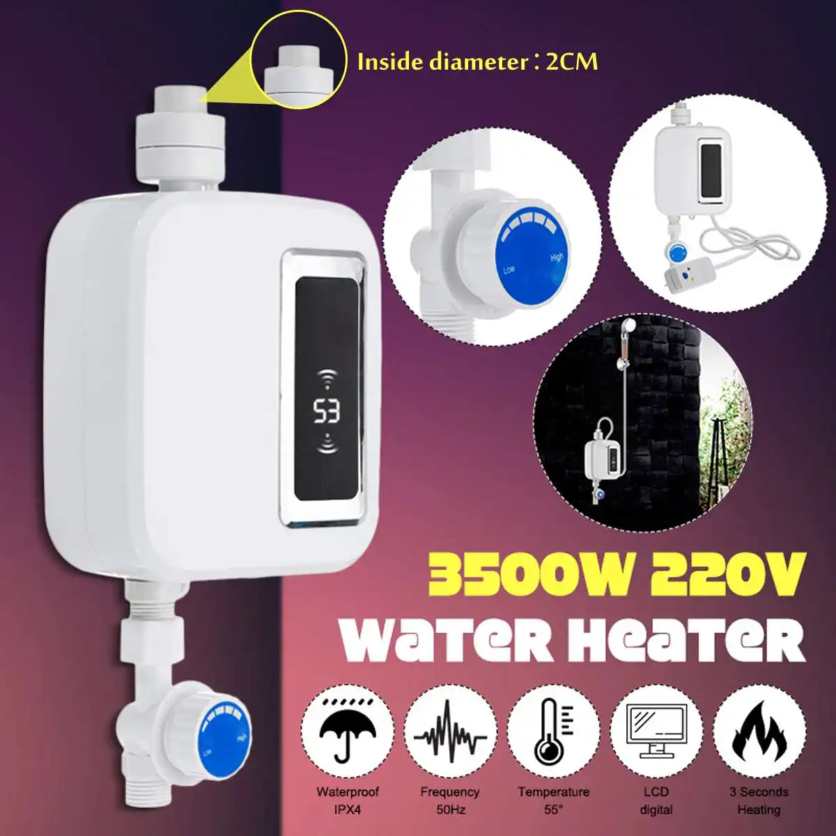 

Hot Tankless Water Heater 3500W Electric Water Heater LCD Display Kitchen Home Digital Instant Water Heater Control Temperature