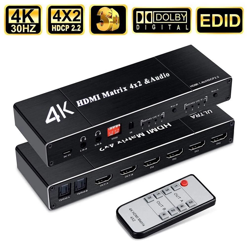 HDMI матрица 4x2 hdmi аудио экстрактор 4K @ 30 Гц сплиттер с SPDIF и L/R 3 5 мм 1.4b переключатель