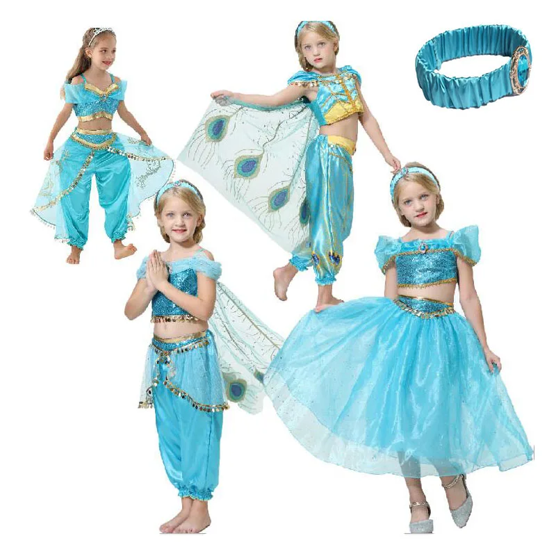 

Костюм для девочек из мультфильма жасмин, принцесса, танцевальное платье, Аладдин, костюм для Хэллоуина, для представлений, костюм с топом, ю...