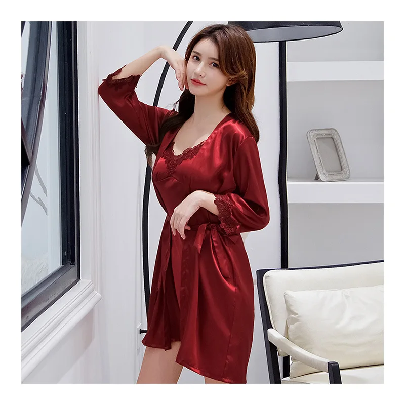 

2pcs Lace Robe Gown Two Piece Set Sleepwear Women Sexy Rayon Satin Night Dress Nightwear Faux Silk Bathrobe Set Elegant Luxury