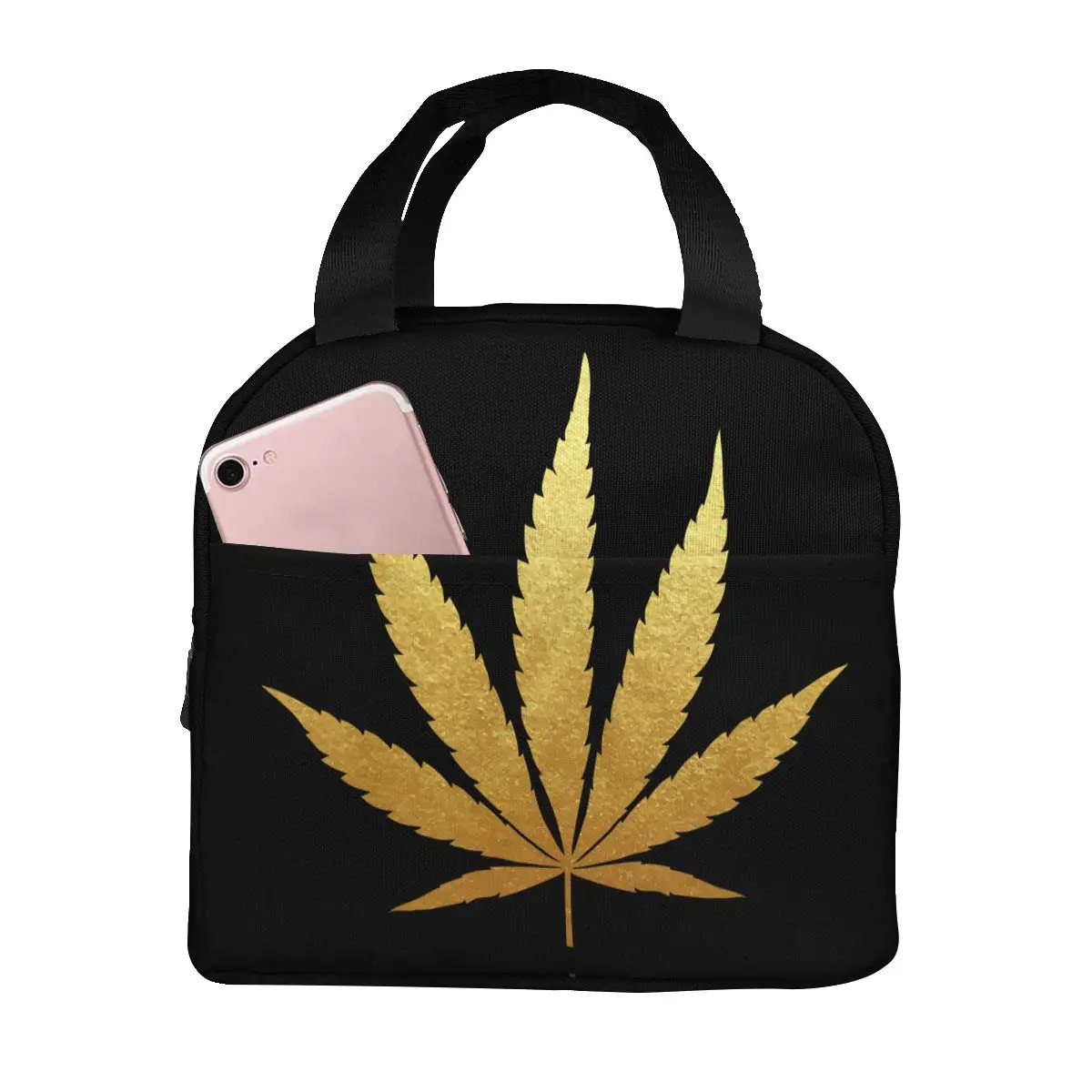 

Golden Glitter Foil Cannabis Leaf Silhouette Cooler Bag Portable Zipper Thermal Lunch Bag Convenient Lunch Box Tote Food Bag