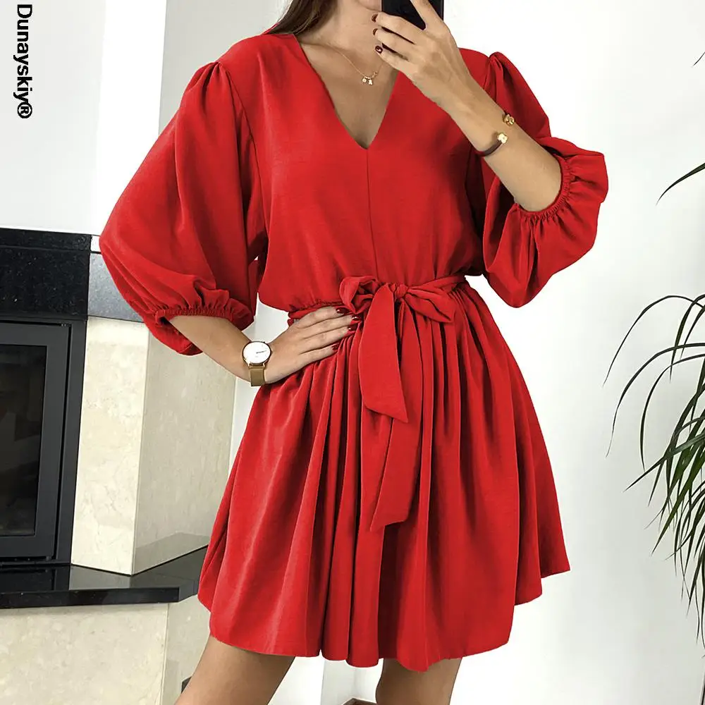 

Fashion V-neck Red Casual Loose Women Mini Dress 2021 Summer Office Ladies Dresses With Belt Robe Femme