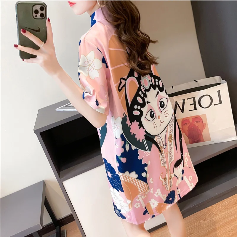 #4242 Summer Short Sleeve T Shirt Women Stand Collar Chinese Style Vintage Casual 3D Printed Long T Shirt Female Loose Retro