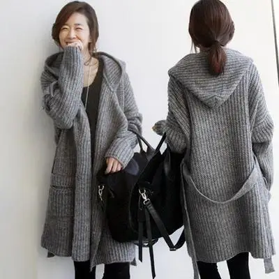 

Autumn And Winter Korean Gray Hooded Cardigan Fashion Lace Up Sweater Loose Long Ladies Cardigans
